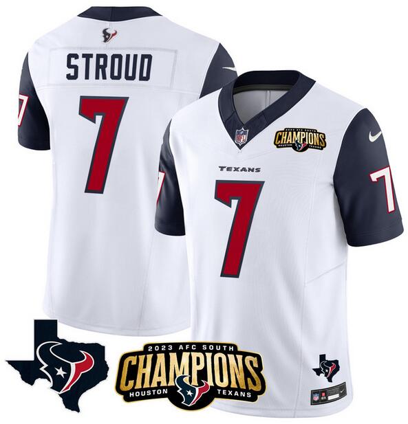 Personalized Men’s Houston Texans #7 C.J. Stroud White Navy 2023 F.U.S.E. AFC South Champions Patch And Team Logo Patch Untouchable Limited Stitched Football Jerseys