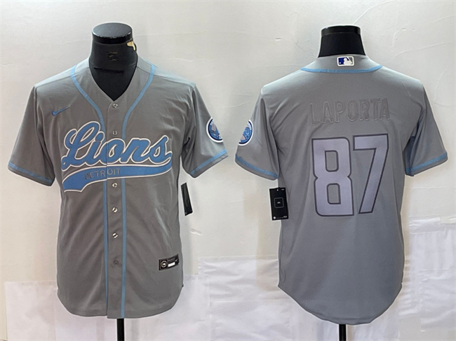 Personalized Men’s Detroit Lions #87 Sam LaPorta Grey Cool Base Stitched Baseball Jersey