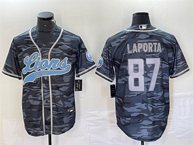Personalized Men’s Detroit Lions #87 Sam LaPorta Grey Camo Cool Base Stitched Baseball Jersey