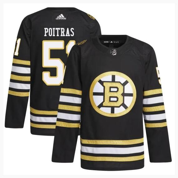 Personalized Men’s Boston Bruins #51 Matthew Poitras Black 100th Anniversary Stitched Jersey