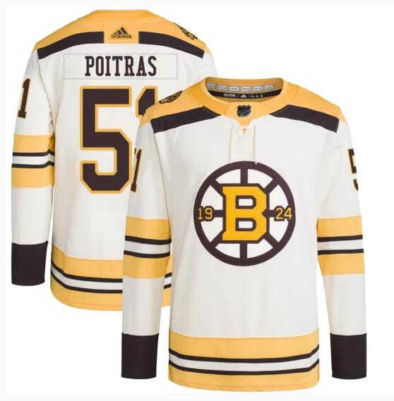 Personalized Men’s Boston Bruins #51 Matthew Poitras Cream 100th Anniversary Stitched Jersey