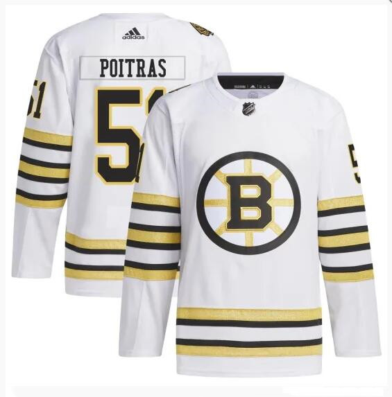 Personalized Men’s Boston Bruins #51 Matthew Poitras White 100th Anniversary Stitched Jersey