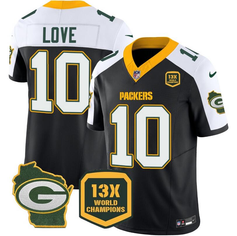 Personalized Men’s Green Bay Packers #10 Jordan Love Black White 2023 F.U.S.E. Home Patch 13 Time World Champions Untouchable Limited Stitched Jersey