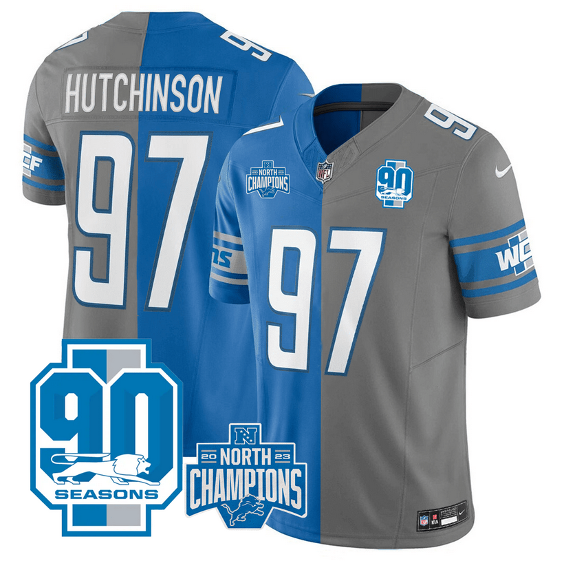 Personalized Men’s Detroit Lions #97 Aidan Hutchinson Blue Grey Split 2023 F.U.S.E. 90th Anniversary NFC North Division Champions Untouchable Limited Stitched Jersey