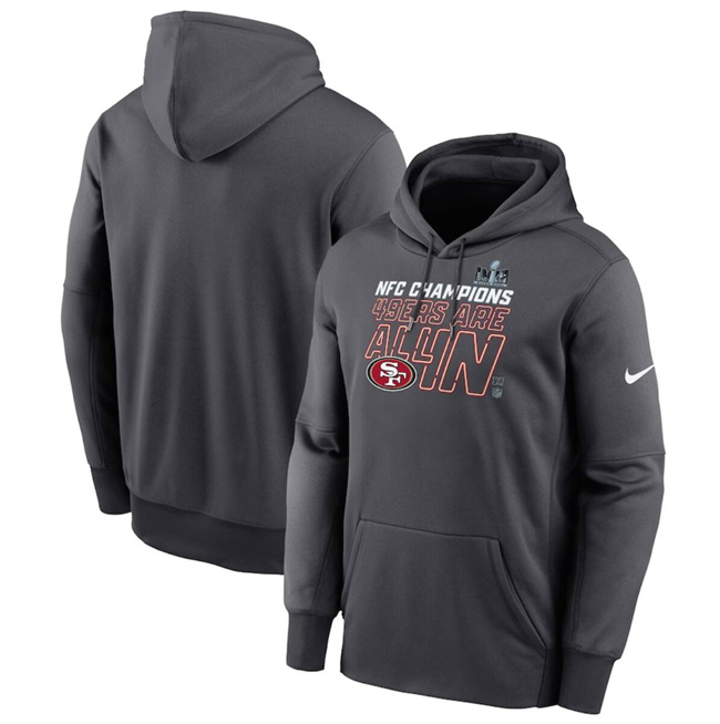 Personalized Men’s San Francisco 49ers Anthracite 2023 NFC Champions Locker Room Trophy Collection Pullover Hoodie