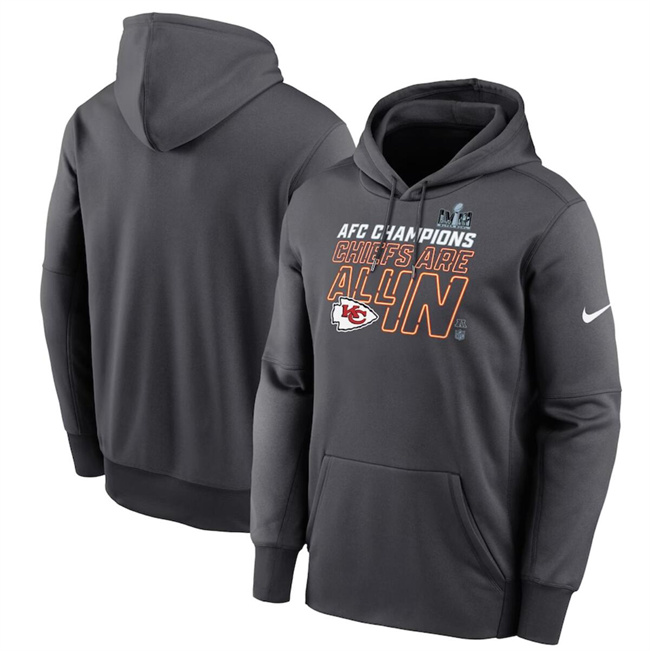 Personalized Men’s Kansas City Chiefs Anthracite 2023 AFC Champions Locker Room Trophy Collection Pullover Hoodie