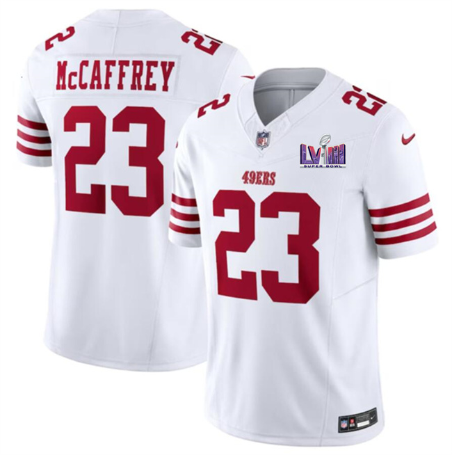 Personalized Men’s San Francisco 49ers #23 Christian McCaffrey White F.U.S.E. Super Bowl LVIII Patch Untouchable Limited Stitched Football Jersey