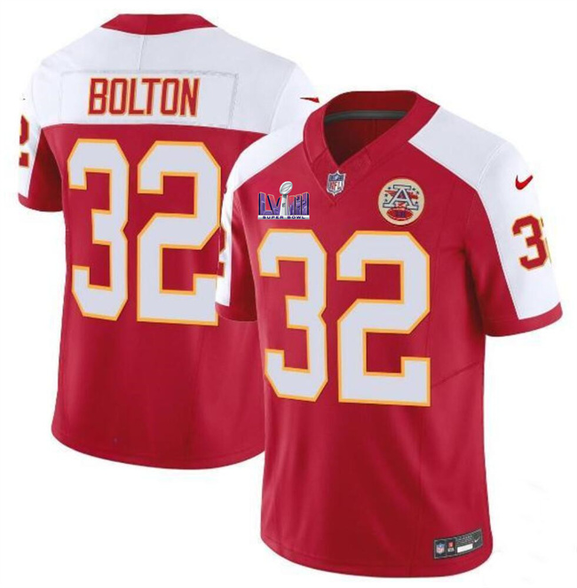 Personalized Men’s Kansas City Chiefs #32 Nick Bolton Red White F.U.S.E. Super Bowl LVIII Patch Untouchable Limited Stitched Football Jersey