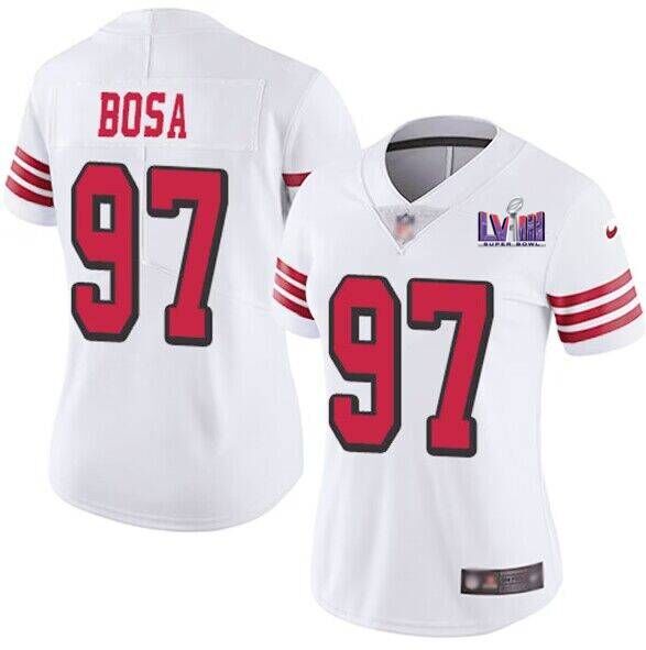 Personalized Women’s NFL San Francisco 49ers #97 Nick Bosa New White Super Bowl LVIII Patch Untouchable Limited Stitched Jersey