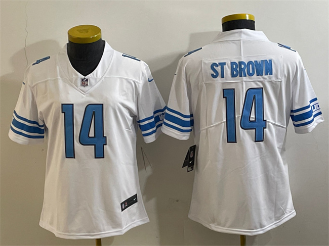 Personalized Women’s Detroit Lions #14 Amon-Ra St. Brown White Limited Stitched Football Jersey(Run Smaller)