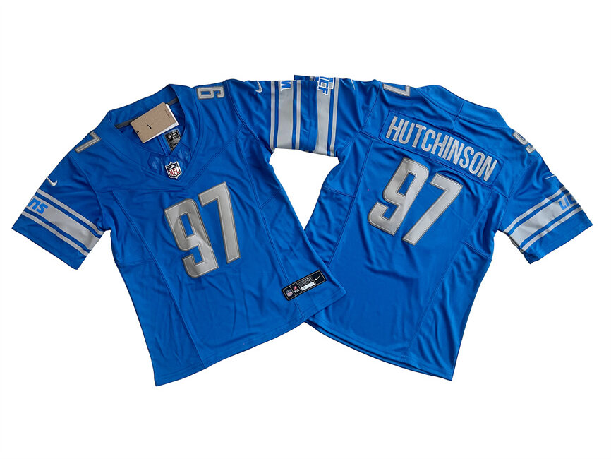 Personalized Women’s Detroit Lions #97 Aidan Hutchinson Blue 2023 F.U.S.E. Limited Stitched Football Jersey(Run Smaller)