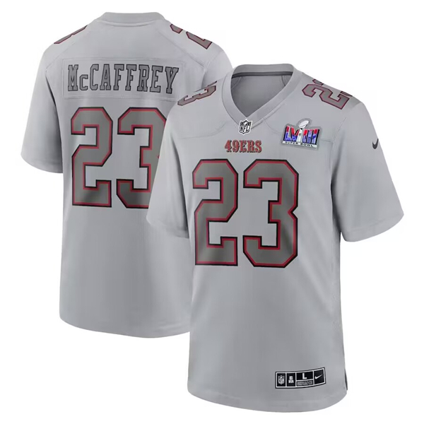 Personalized Men’s San Francisco 49ers #23 Christian McCaffrey Gray 2024 Super Bowl LVIII Patch Atmosphere Fashion Stitched Game Jersey