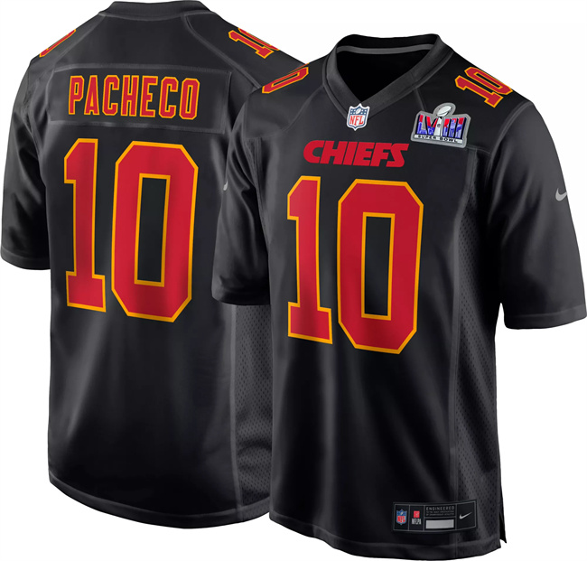 Personalized Men’s Kansas City Chiefs #10 Isiah Pacheco Black 2024 Super Bowl LVIII Patch Limited Stitched Game Jersey