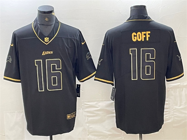 Personalized Men’s Detroit Lions #16 Jared Goff Black Gold Edition Stitched Jersey