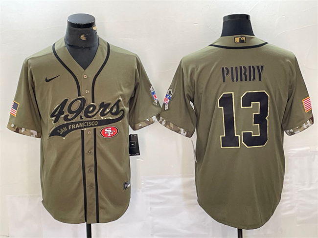 Personalized Men’s San Francisco 49ers #13 Brock Purdy Olive Salute To Service With Patch Cool Base Stitched Baseball Jersey
