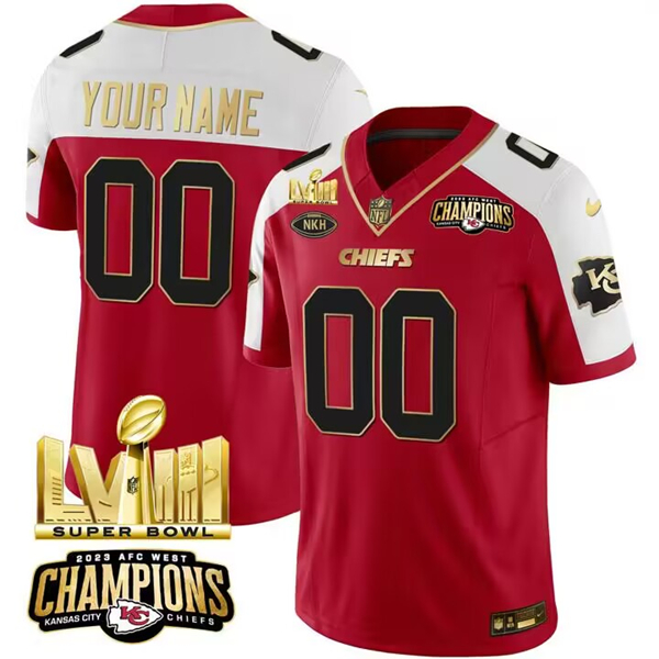 Personalized Men’s Kansas City Chiefs Active Player Red White 2024 F.U.S.E. AFC West Champions Super Bowl LVIII Patch With NKH Patch Untouchable Limited Stitched Football Jersey
