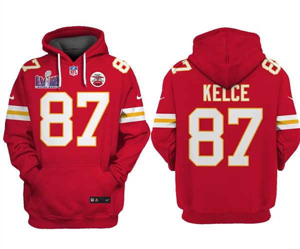 Personalized Men’s Kansas City Chiefs #87 Travis Kelce Red Super Bowl LVIII Patch Pullover Hoodie