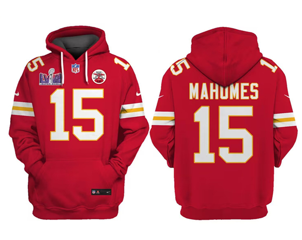 Personalized Men’s Kansas City Chiefs #15 Patrick Mahomes Red Super Bowl LVIII Patch Pullover Hoodie