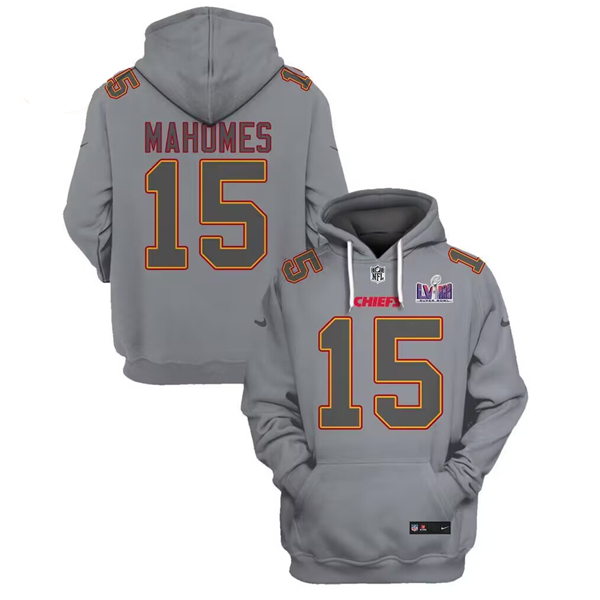 Personalized Men’s Kansas City Chiefs #15 Patrick Mahomes Gray Super Bowl LVIII Patch Pullover Hoodie