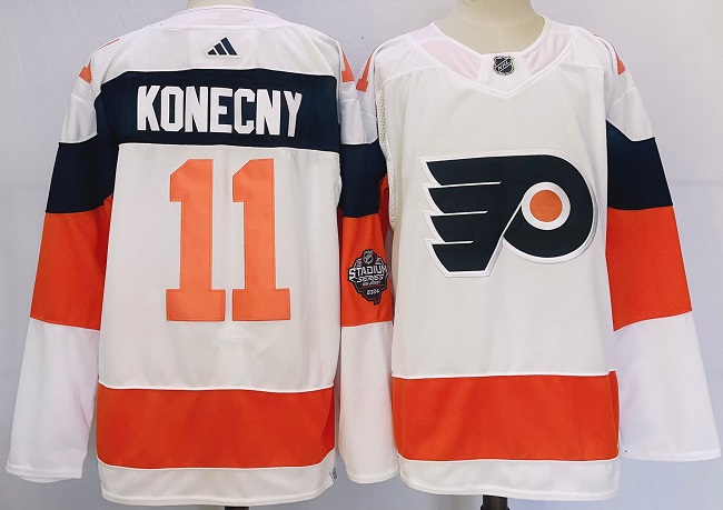 Personalized Men’s Philadelphia Flyers #11 Travis Konecny White 2023-2024 Stadium Series Stitched Jersey