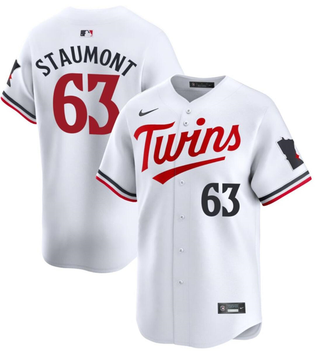 Personalized Men’s Minnesota Twins #63 Josh Staumont White 2024 Home Limited Cool Base Stitched Baseball Jersey