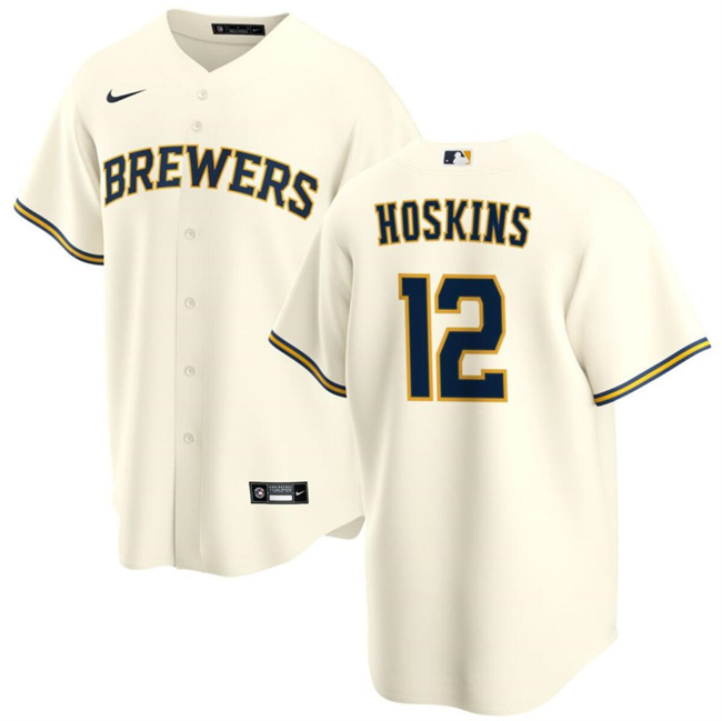 Personalized Men’s Milwaukee Brewers #12 Rhys Hoskins Cream Cool Base Stitched Baseball Jersey