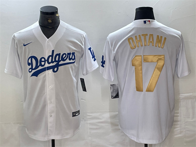 Personalized Men’s Los Angeles Dodgers #17 Shohei Ohtani White Gold Cool Base Stitched Baseball Jersey
