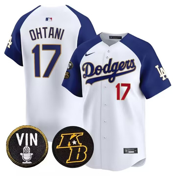 Personalized Men’s Los Angeles Dodgers #17 Shohei Ohtani White Vin & Kobe Patch Cool Base Stitched Baseball Jersey
