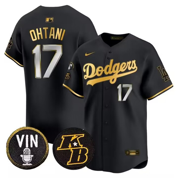 Personalized Men’s Los Angeles Dodgers #17 Shohei Ohtani Black Gold Vin & Kobe Patch Cool Base Stitched Baseball Jersey