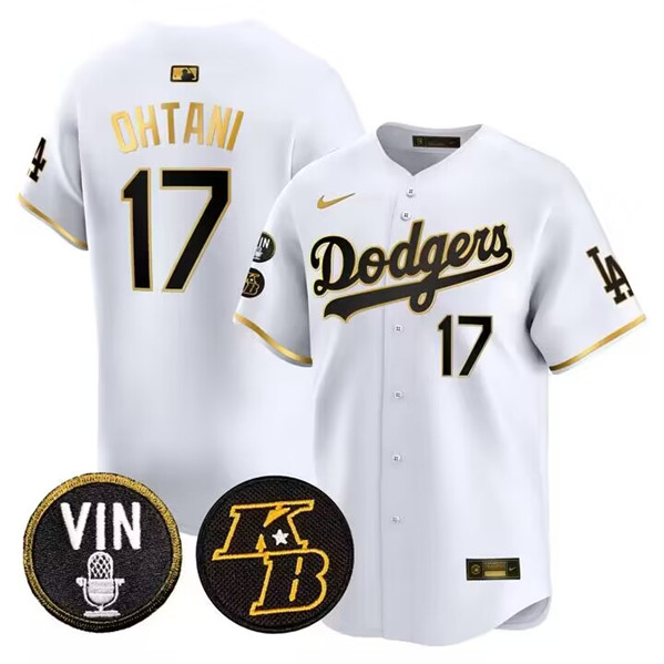 Personalized Men’s Los Angeles Dodgers #17 Shohei Ohtani White Gold Vin & Kobe Patch Cool Base Stitched Baseball Jersey