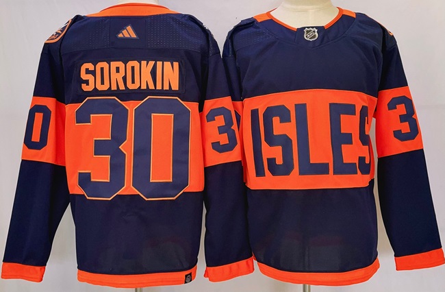 Personalized Men’s New York Islanders #30 Ilya Sorokin Navy 2024 With Stadium Series Patch Stitched Jersey