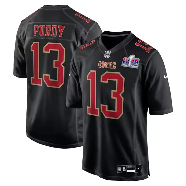 Personalized Men’s San Francisco 49ers #13 Brock Purdy Black Super Bowl LVIII Patch Carbon Fashion Stitched Game Jersey
