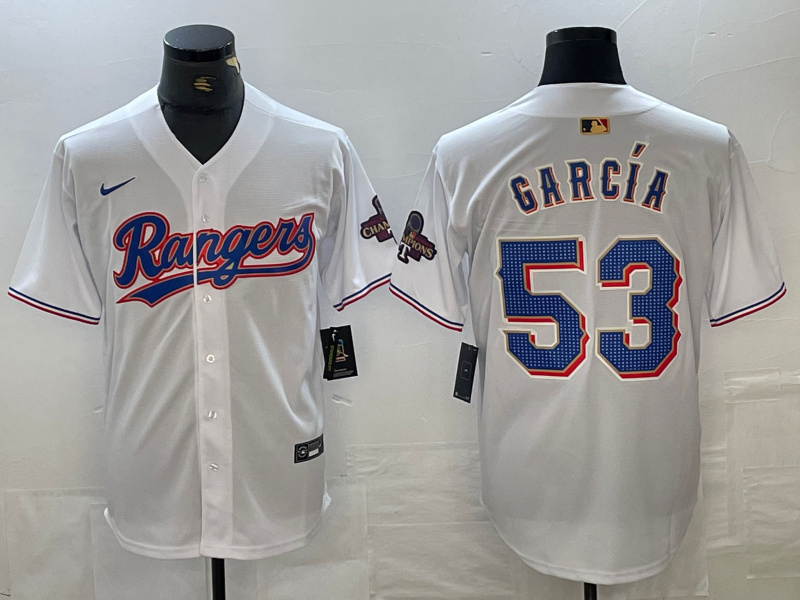 Personalized Men’s Texas Rangers #53 Adolis Garcia White 2023 World Series Champions Cool Base Jersey