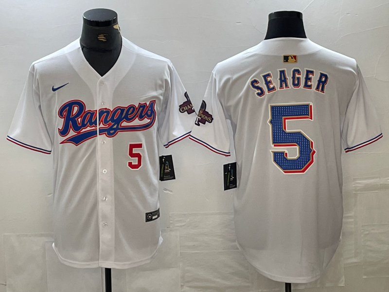 Personalized Men’s Texas Rangers #5 Corey Seager Number White 2023 World Series Champions Cool Base Jersey