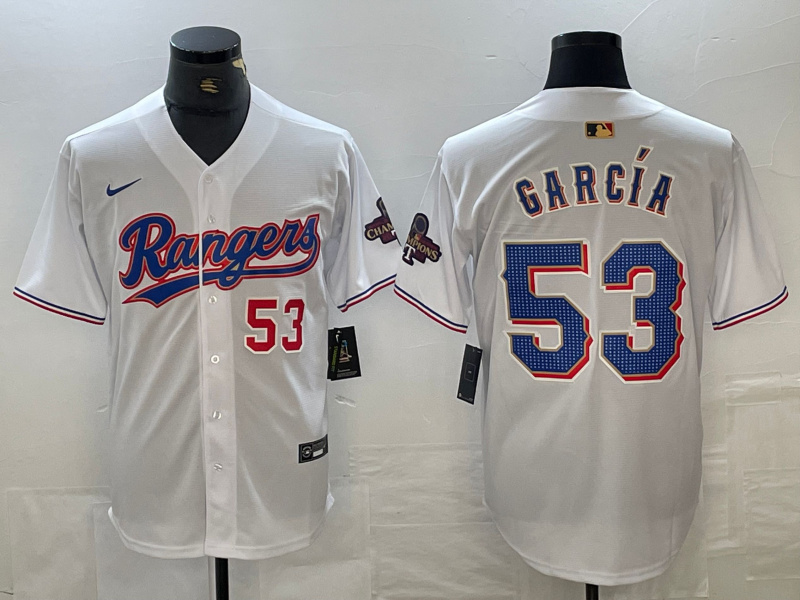 Personalized Men’s Texas Rangers #53 Adolis Garcia Number White 2023 World Series Champions Cool Base Jersey