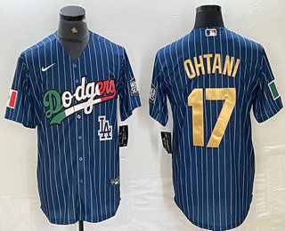 Personalized Men’s Los Angeles Dodgers #17 Shohei Ohtani Mexico Blue Gold Pinstripe Cool Base Stitched Jerseys