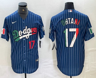 Personalized Men’s Los Angeles Dodgers #17 Shohei Ohtani Number Mexico Blue Pinstripe Cool Base Stitched Jersey