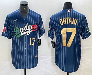 Personalized Men’s Los Angeles Dodgers #17 Shohei Ohtani Number Mexico Blue Gold Pinstripe Cool Base Stitched Jersey