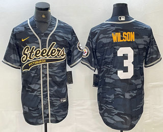 Personalized Men’s Pittsburgh Steelers #3 Russell Wilson Camo With Patch Cool Base Stitched Baseball Jersey