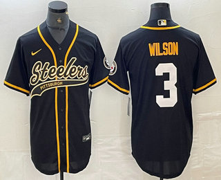 Personalized Men’s Pittsburgh Steelers #3 Russell Wilson Black With Patch Cool Base Stitched Baseball Jersey
