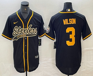 Personalized Men’s Pittsburgh Steelers #3 Russell Wilson Black With Patch Cool Base Stitched Baseball Jersey