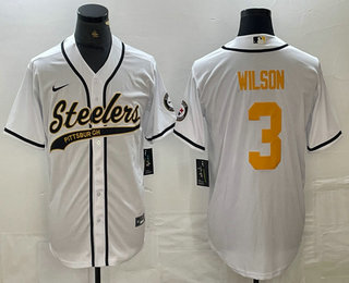 Personalized Men’s Pittsburgh Steelers #3 Russell Wilson White With Patch Cool Base Stitched Baseball Jersey