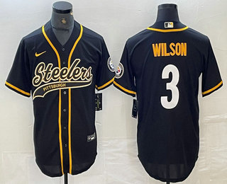 Personalized Men’s Pittsburgh Steelers #3 Russell Wilson Black With Patch Cool Base Stitched Baseball Jerseys