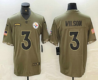 Personalized Men’s Pittsburgh Steelers #3 Russell Wilson Olive 2022 Salute To Service Limited Stitched Jersey