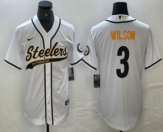Personalized Men’s Pittsburgh Steelers #3 Russell Wilson White With Patch Cool Base Stitched Baseball Jerseys