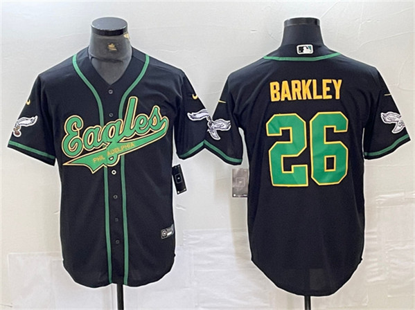 Personalized Men’s Philadelphia Eagles #26 Saquon Barkley Black Gold Cool Base Baseball Stitched Jersey