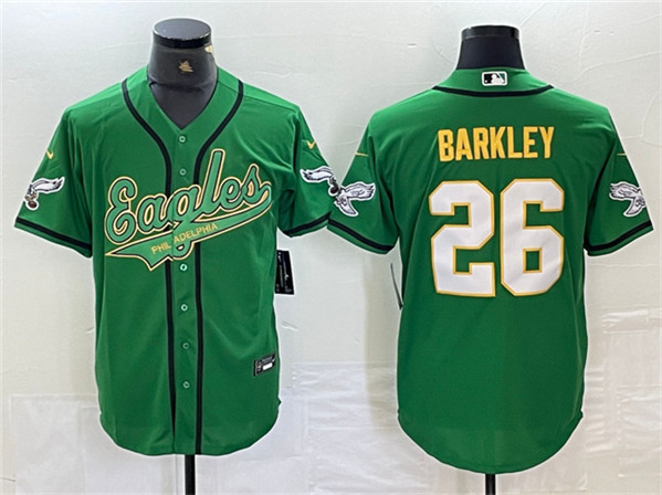 Personalized Men’s Philadelphia Eagles #26 Saquon Barkley Green Gold Cool Base Baseball Stitched Jersey