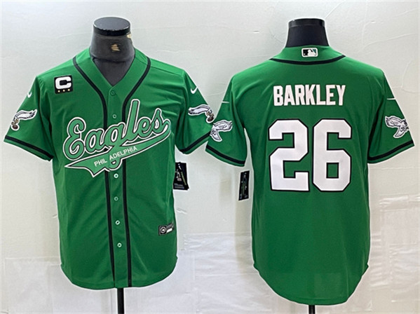 Personalized Men’s Philadelphia Eagles #26 Saquon Barkley Green With 3-star C Patch Cool Base Baseball Stitched Jersey