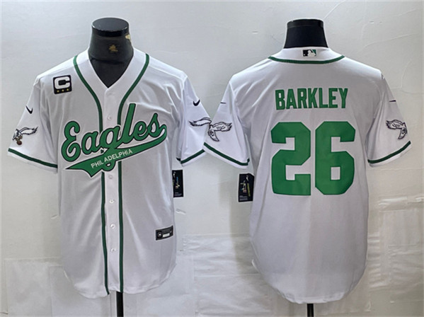 Personalized Men’s Philadelphia Eagles #26 Saquon Barkley White With 3-star C Patch Cool Base Baseball Stitched Jerseys