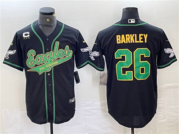 Personalized Men’s Philadelphia Eagles #26 Saquon Barkley Black Gold With 3-star C Patch Cool Base Baseball Stitched Jersey